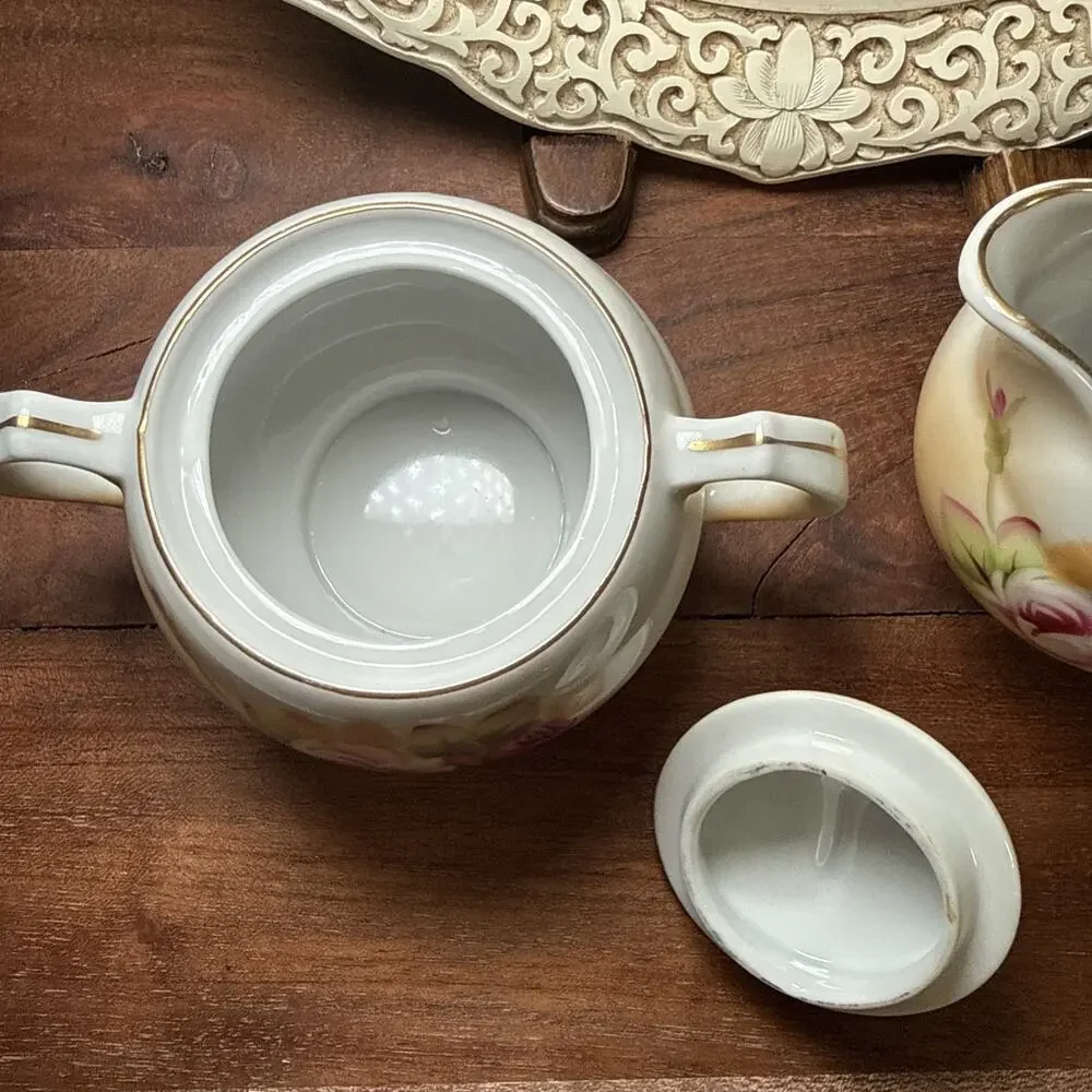 Hand Painted Porcelain Creamer Sugar Bowl Pink Roses Gold Trim Set Vintage